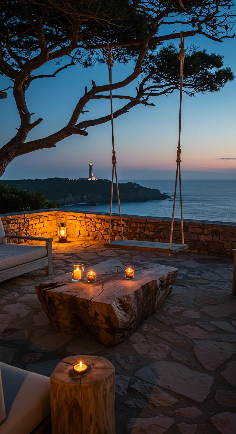 Stone terrace at dusk with a large log coffee table, rope swing, and glowing lanterns.
