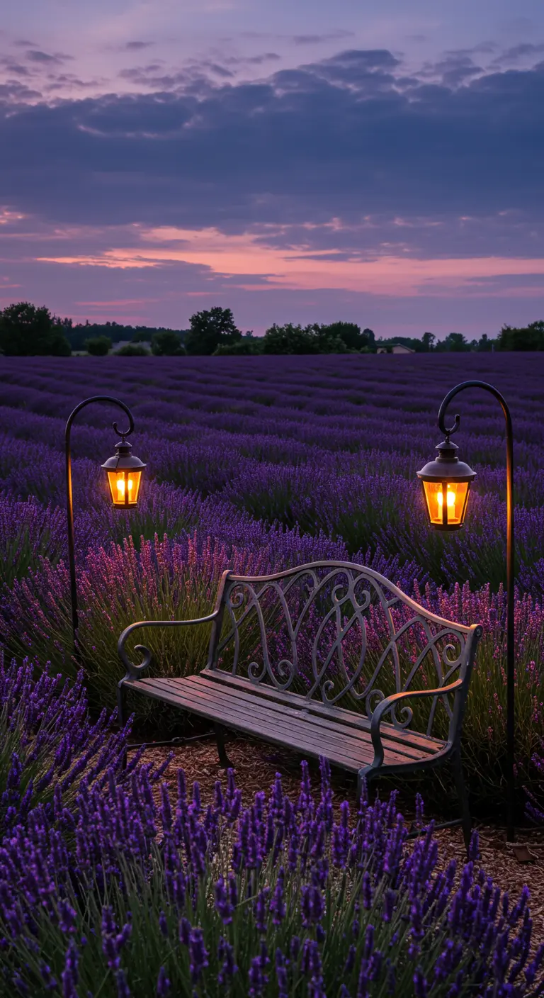 Ornate metal bench between two glowing lanterns in a lavender field at dusk.