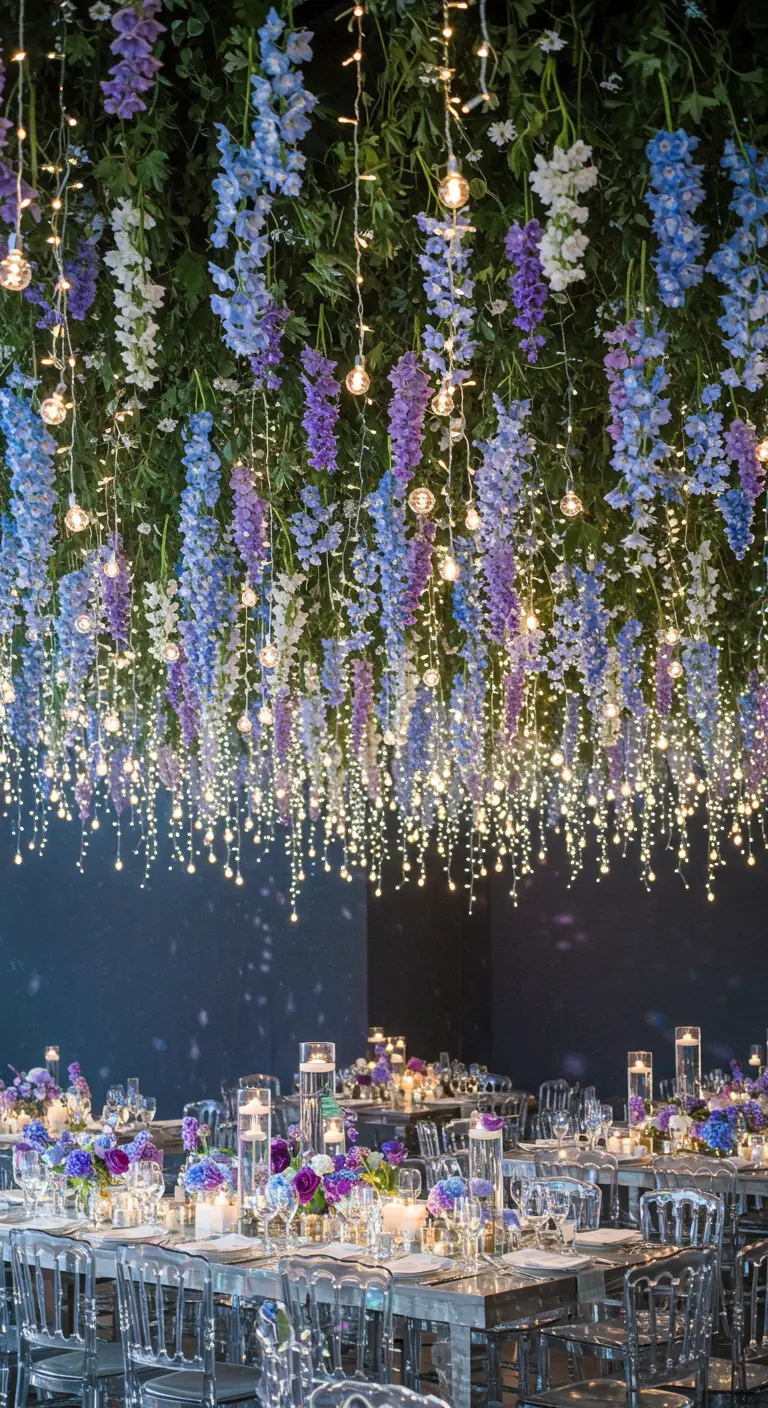 A dense hanging canopy of blue and purple wisteria with cascading fairy lights.