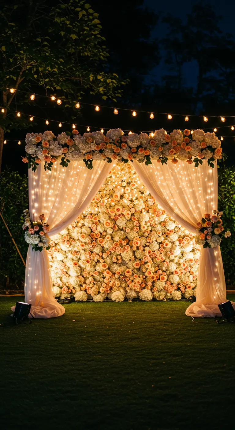 Flower wall framed by peach tulle curtains with twinkle lights glowing from behind.