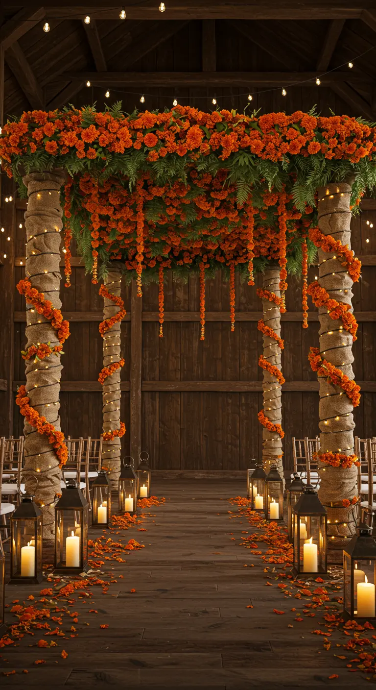 A rustic wedding canopy with burlap-wrapped pillars, marigolds, and twinkling fairy lights.