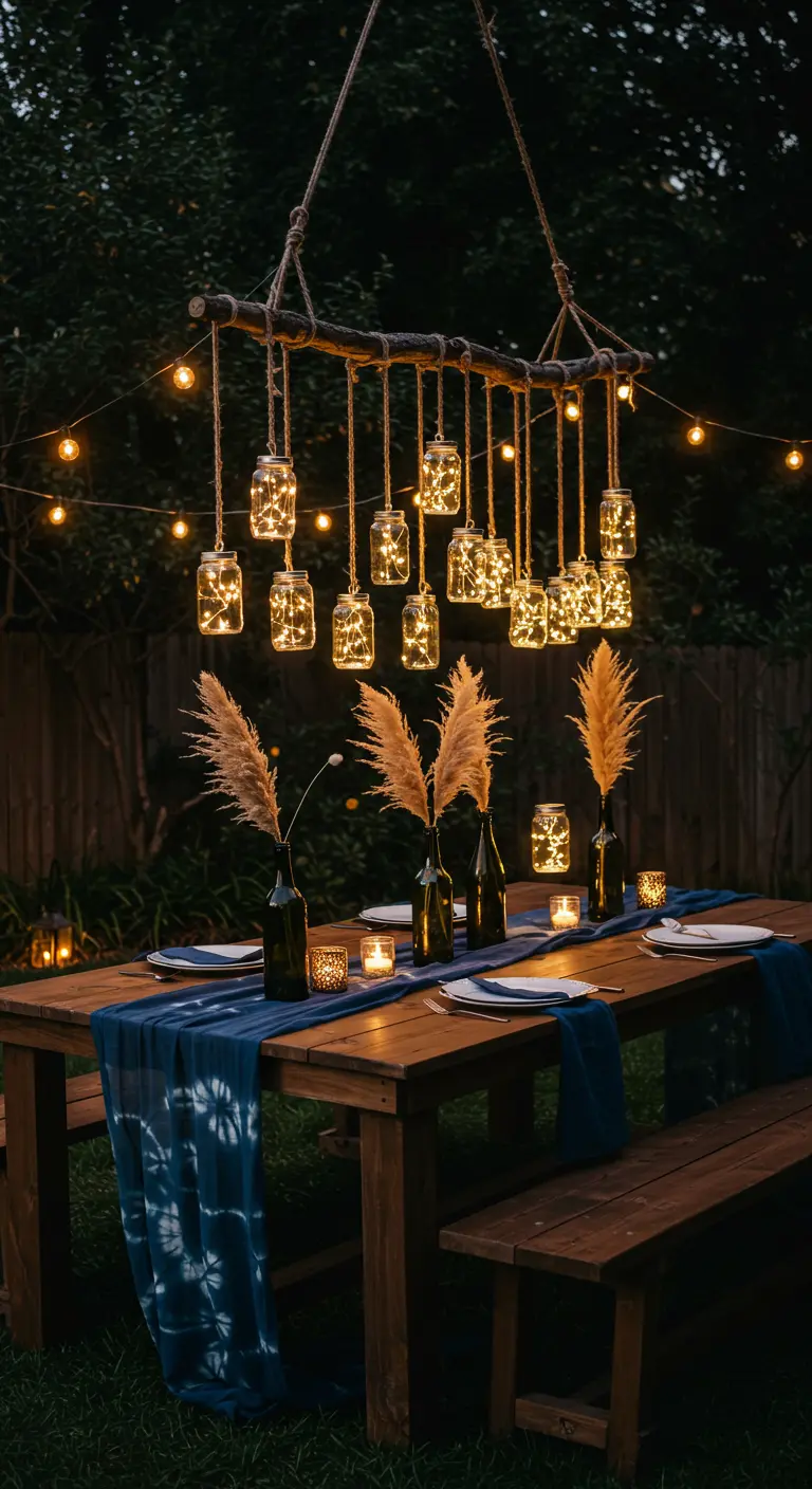 A DIY chandelier made of a branch and hanging mason jars with fairy lights.