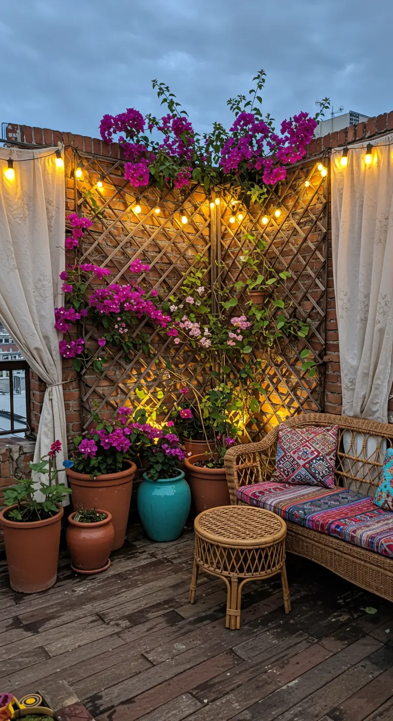 Balcony with blooming bougainvillea on illuminated trellis, terracotta pots, string lights, and rattan furniture.