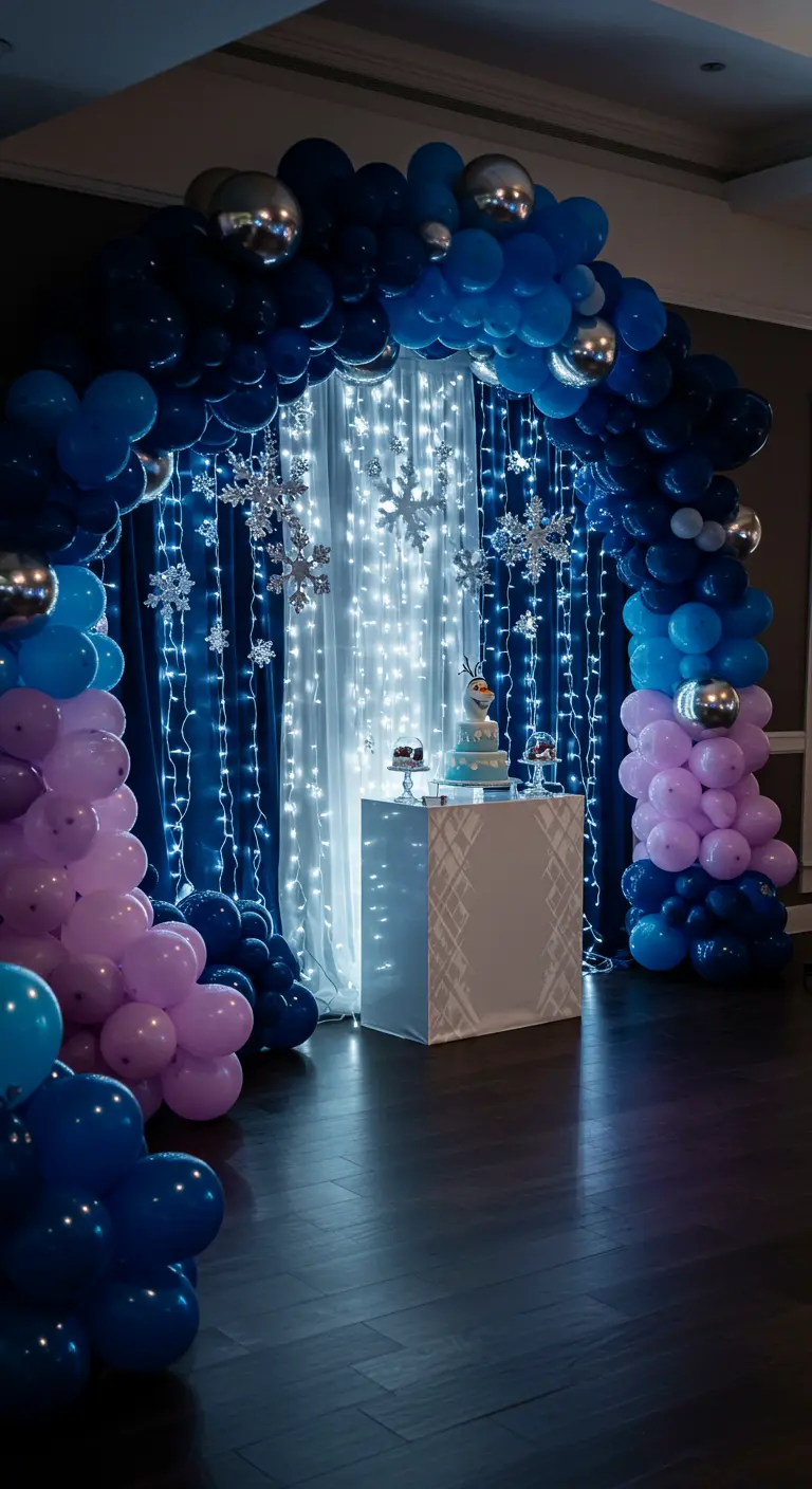 Cake table framed by a dark blue and purple balloon arch with a fairy light curtain behind it.