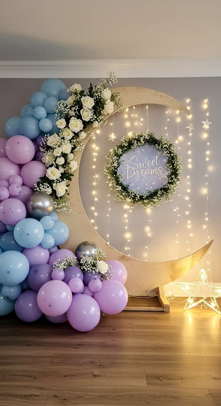 A wooden crescent moon prop decorated with blue and purple balloons, with a fairy light curtain.