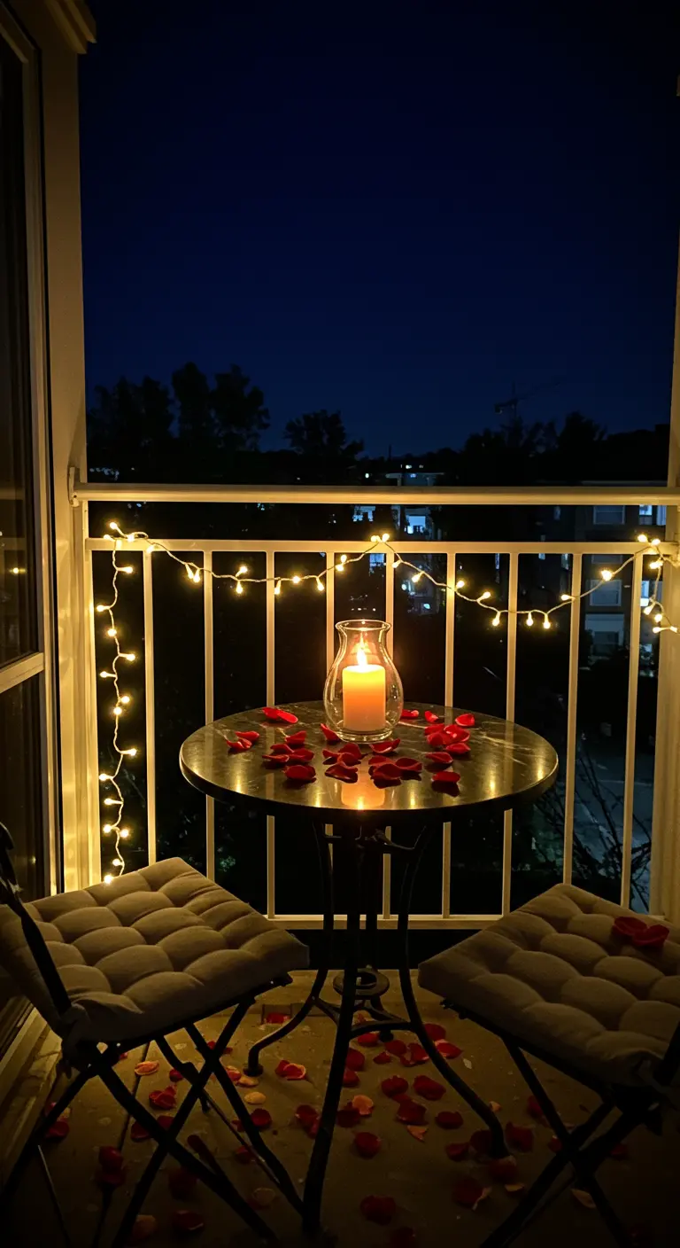 A dark marble bistro table at night, illuminated by fairy lights and a candle.