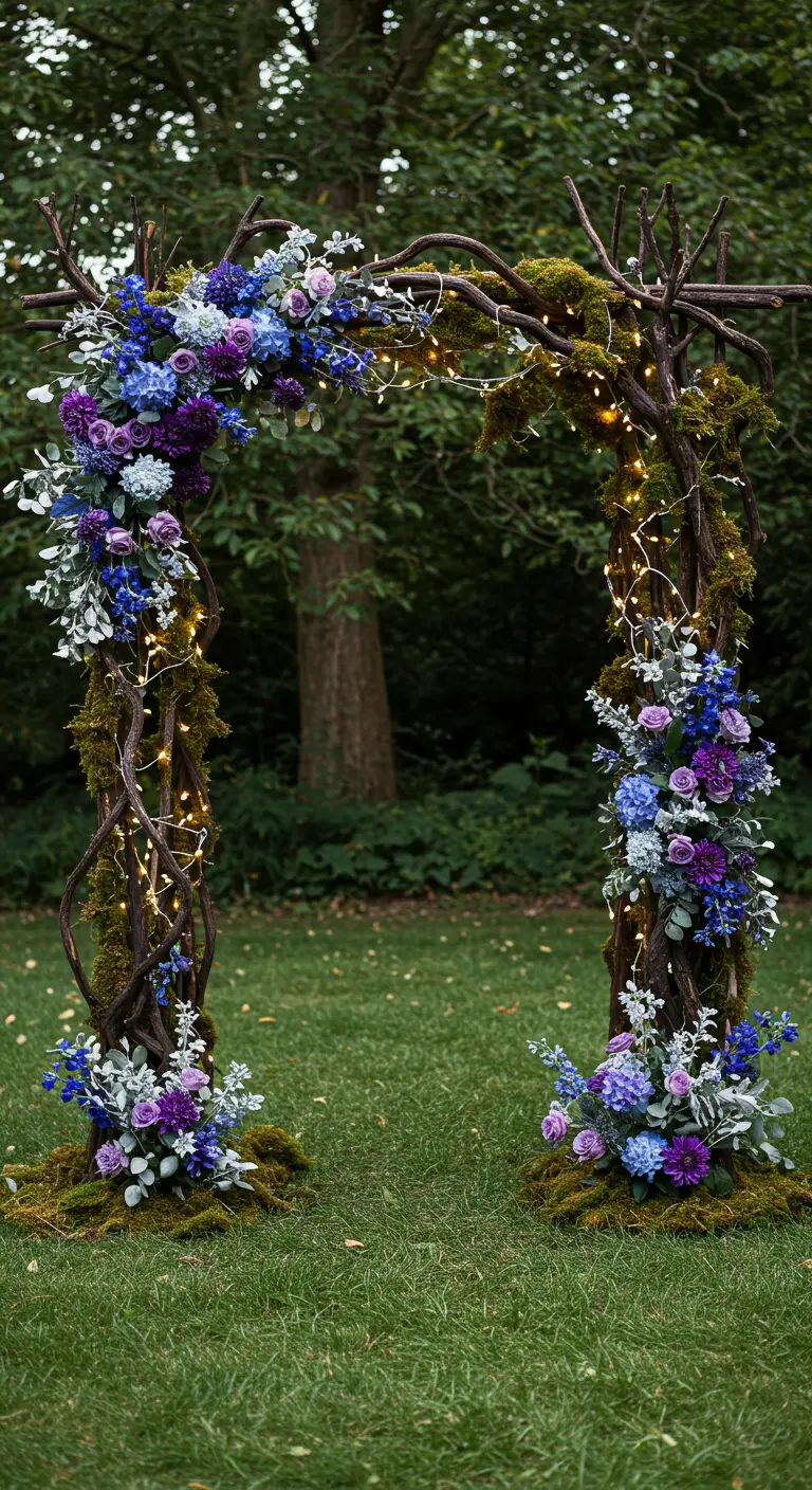 A whimsical twig arch wrapped in fairy lights and decorated with moss and purple flowers.