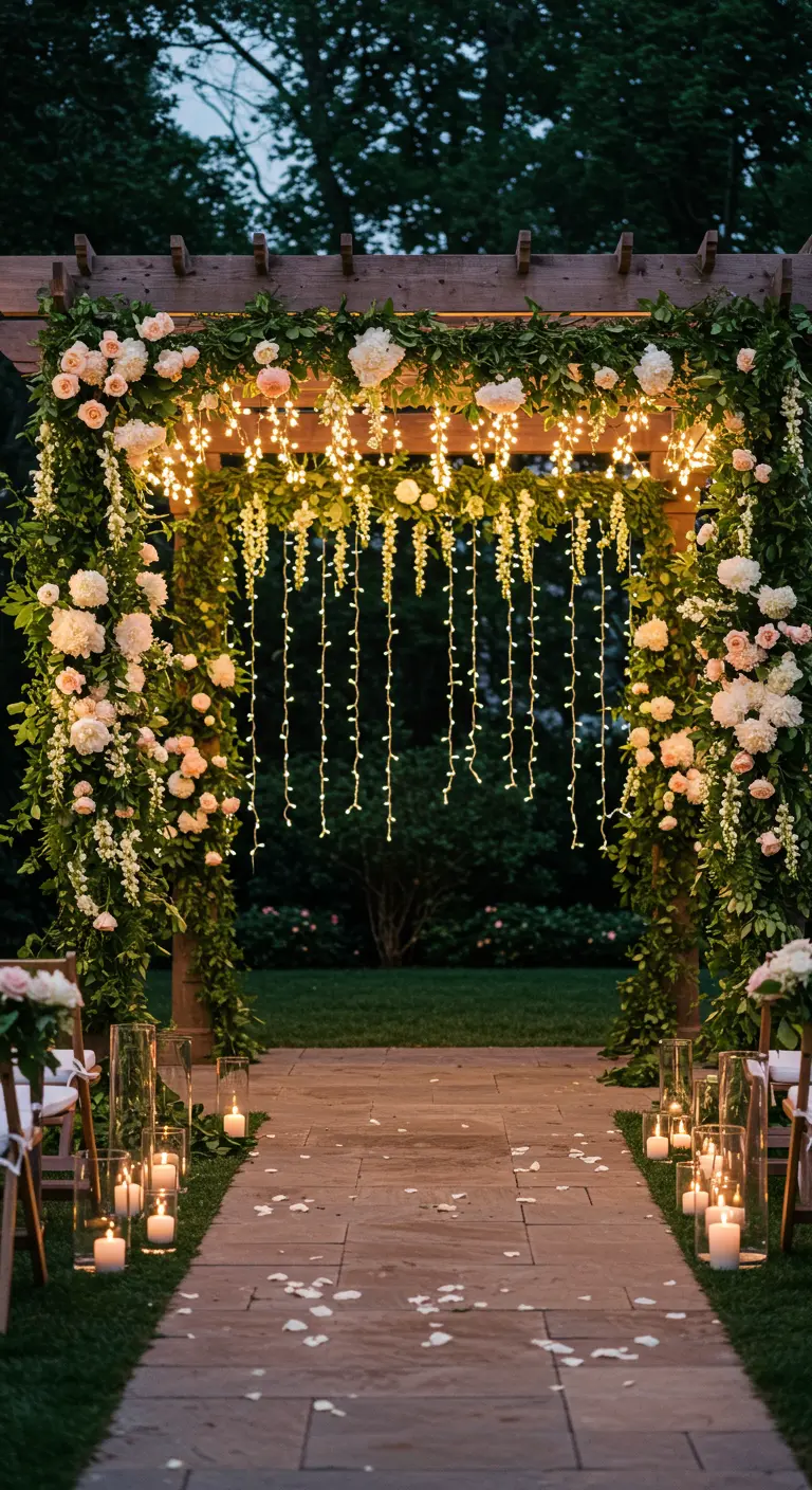 A wooden pergola wedding arch with peonies, greenery, and hanging fairy lights.