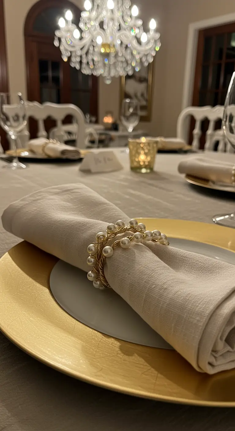A linen napkin held by a handmade napkin ring made of twisted gold wire and pearls.