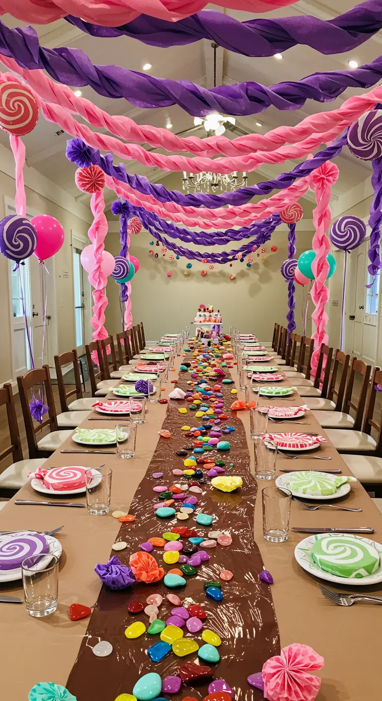 Long party table decorated with a candy river runner and hanging streamers.