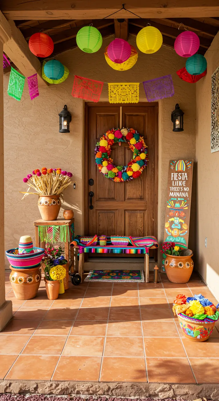 Cinco de Mayo porch with pom-pom wreath, paper lanterns, and serape blanket.