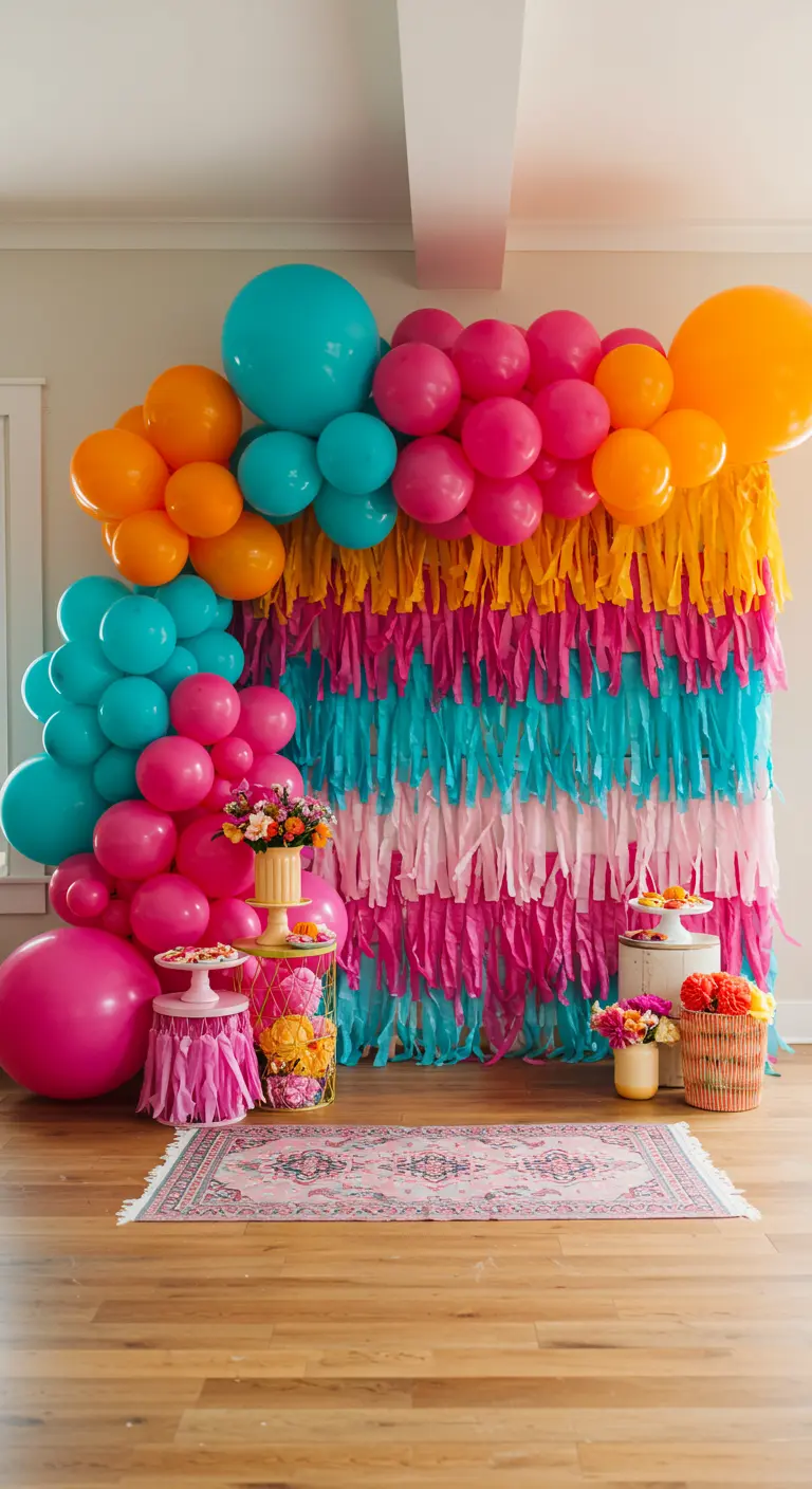 A colorful balloon arch frames a vibrant, layered fringe backdrop made of streamers.
