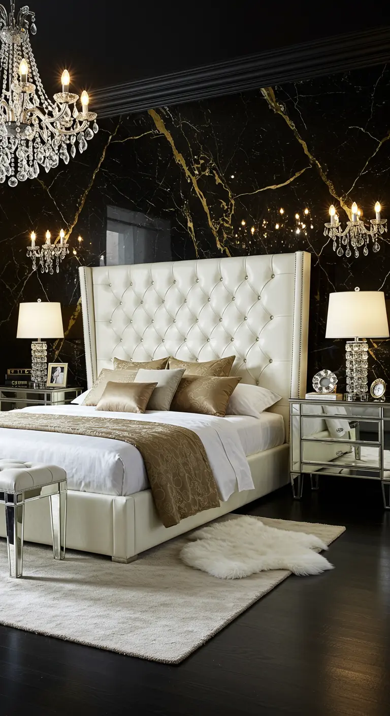 A glamorous bedroom with a black marble wall, a white tufted headboard, and mirrored furniture.