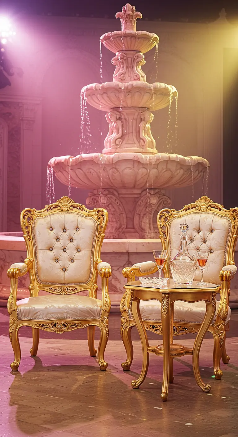 Two ornate gold and cream tufted chairs sit by a small table in front of a fountain.