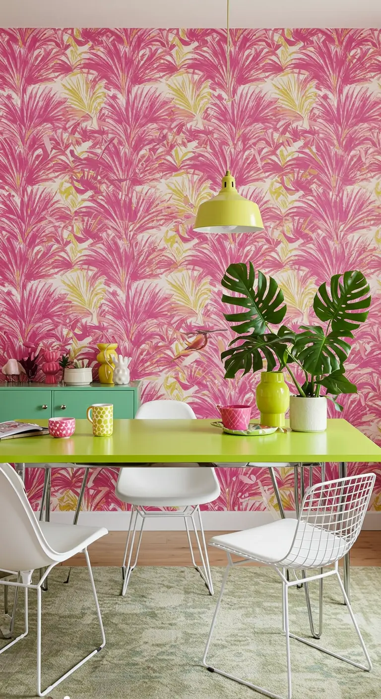 Dining room with vibrant pink and yellow wallpaper, a lime green table, and white chairs.