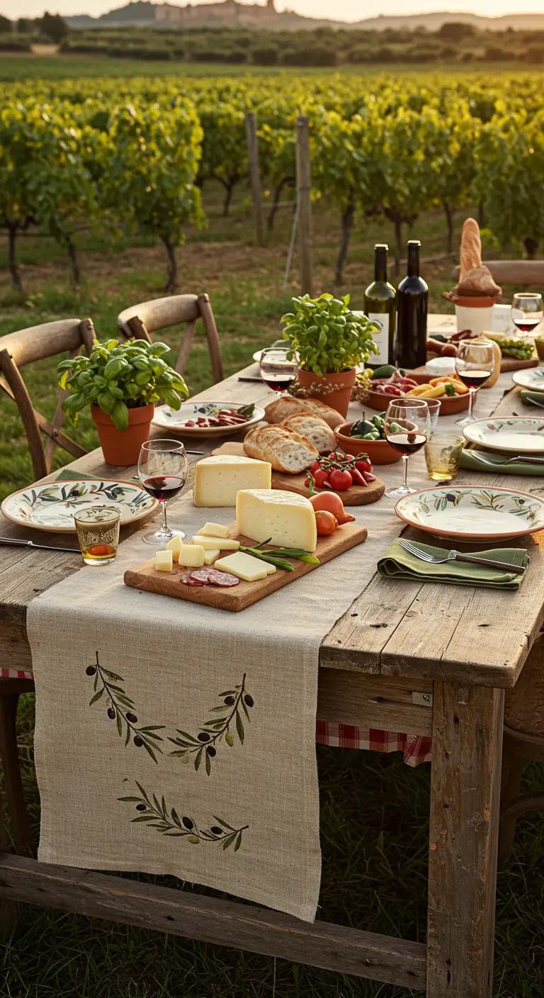 A rustic outdoor table in a vineyard, set with cheese boards, bread, wine, and a linen runner.