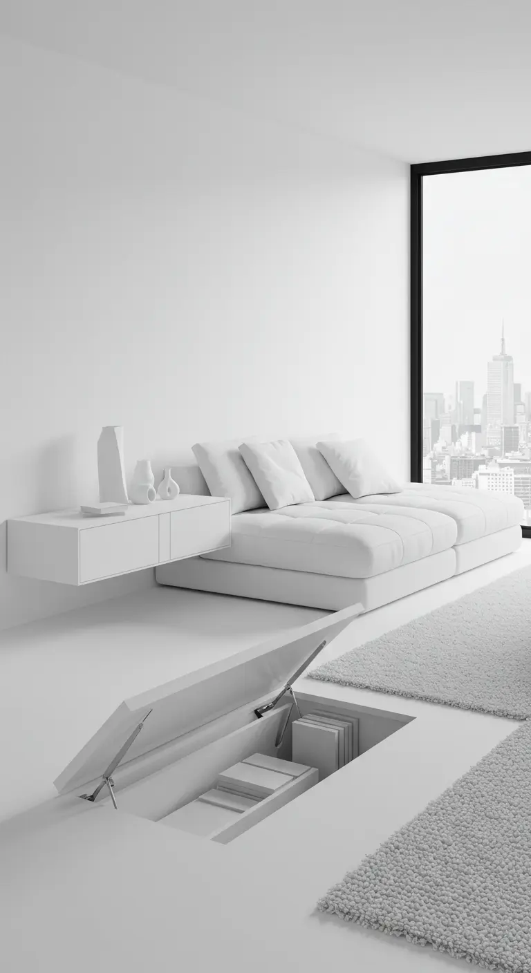 All-white minimalist room with a hidden storage compartment in the floor.