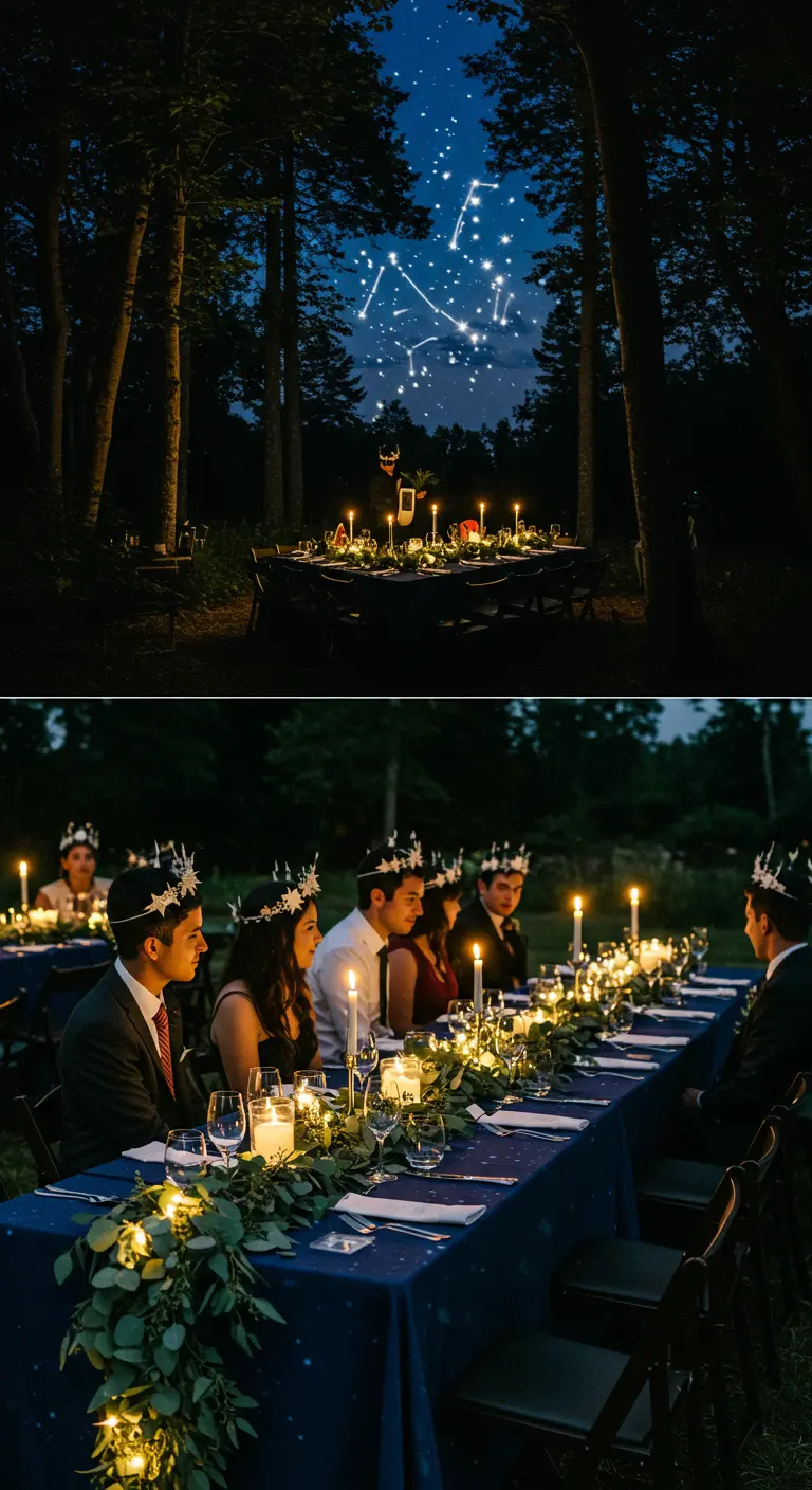 Celestial-themed wedding reception at night with star crowns and a starry tablecloth.