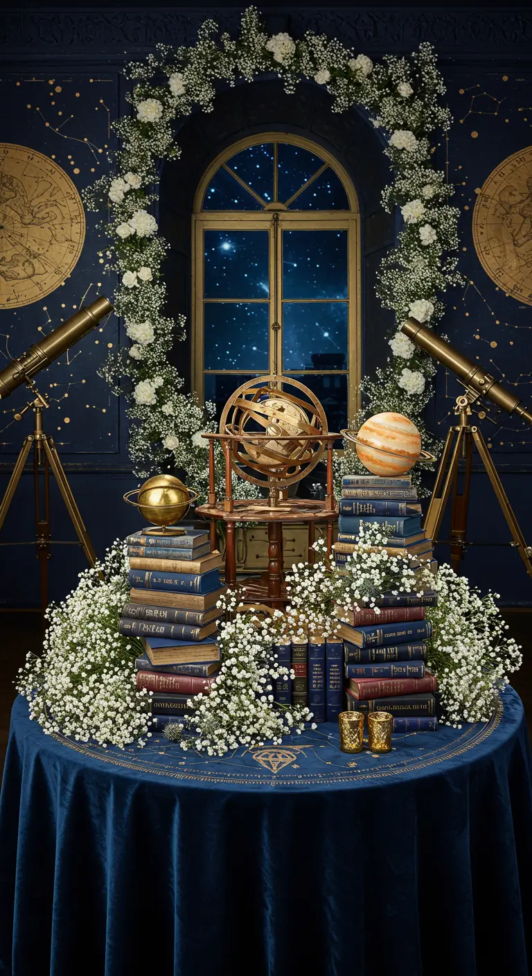 A celestial-themed table with an armillary sphere, telescopes, star charts, and baby's breath.