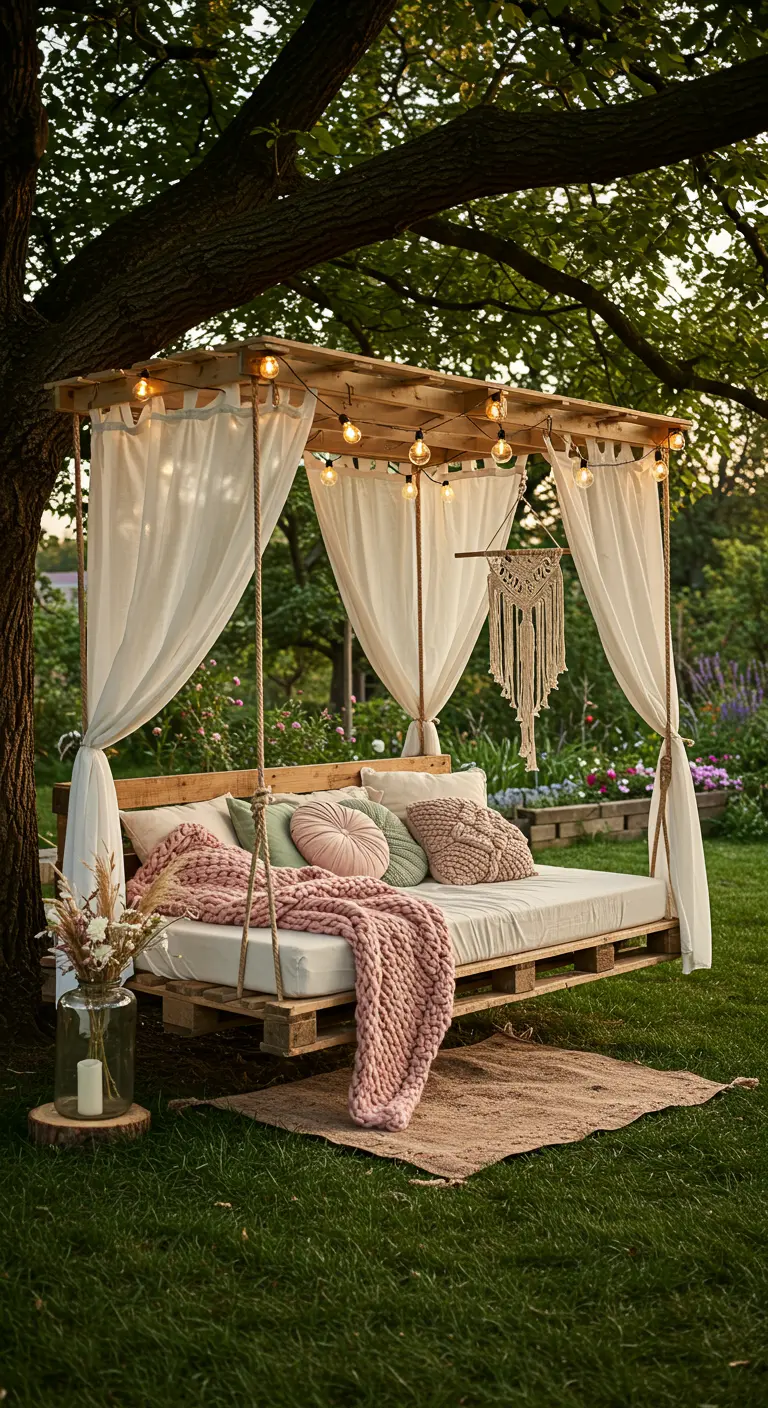 Bohemian pallet swing bed with pink and green cushions hanging from a large tree.