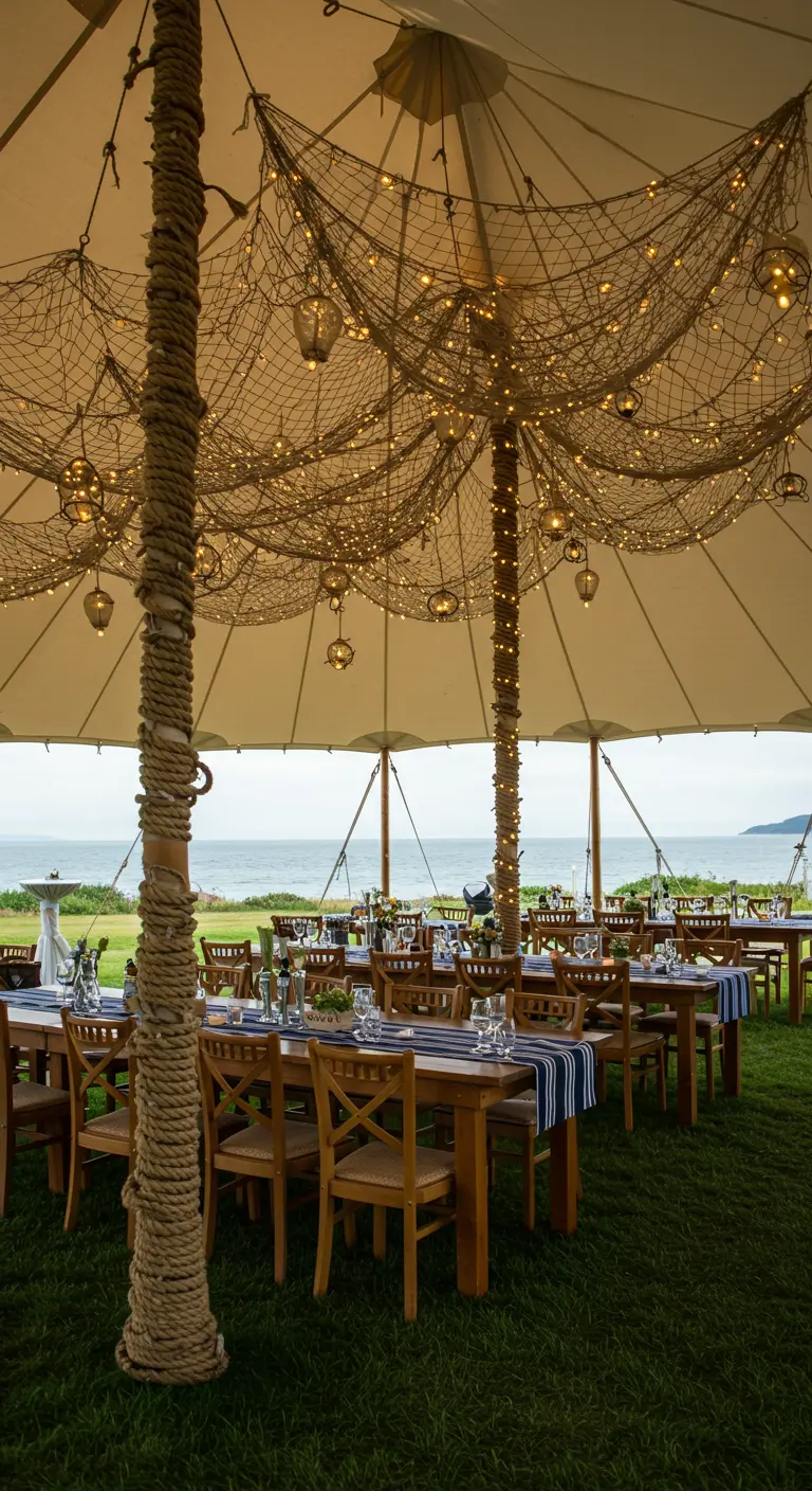 Party tent ceiling draped with fishing nets and string lights over dining tables.