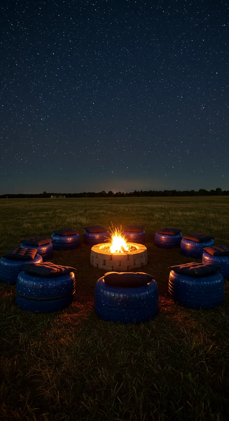 A fire pit in an open field at night, surrounded by blue tire seats under a starry sky.
