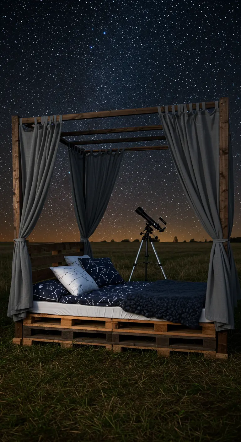 Pallet canopy bed in a field at night with constellation bedding and a telescope.