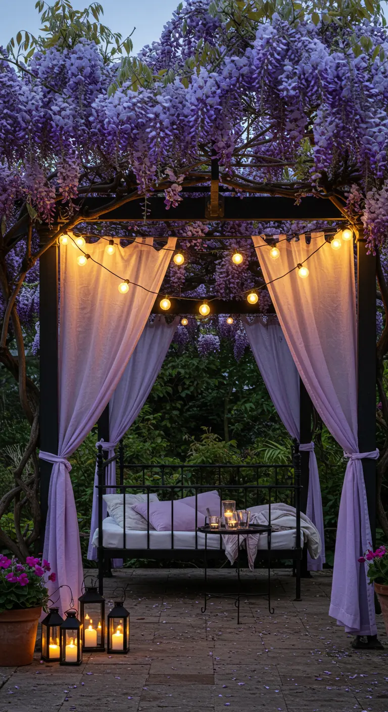 Canopy bed under a pergola covered in blooming purple wisteria flowers.