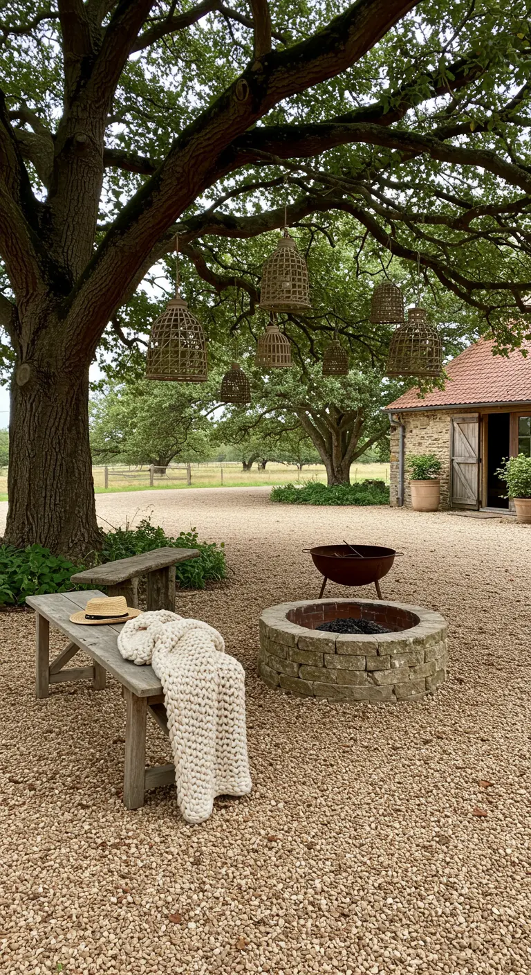 Wicker lanterns hanging from an oak tree above a gravel yard with benches and a fire pit.