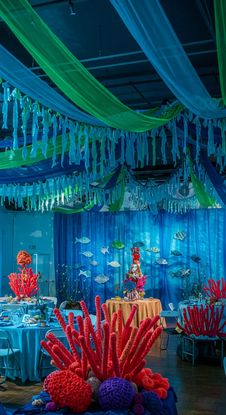A party room decorated with flowing blue and green fabric to look like an ocean.