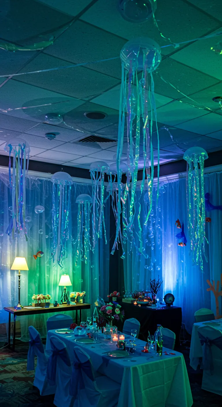A room decorated with DIY jellyfish lanterns made from umbrellas and ribbons.