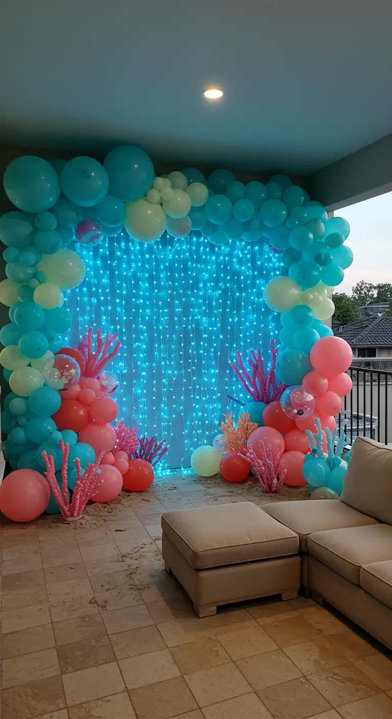 An underwater-themed balloon backdrop in turquoise and coral with fairy lights and faux coral decor.