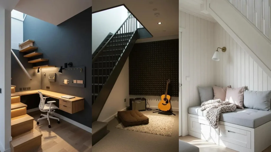 Three under-stairs nooks: a modern home office, a music lounge with a guitar, and a cozy reading bench.