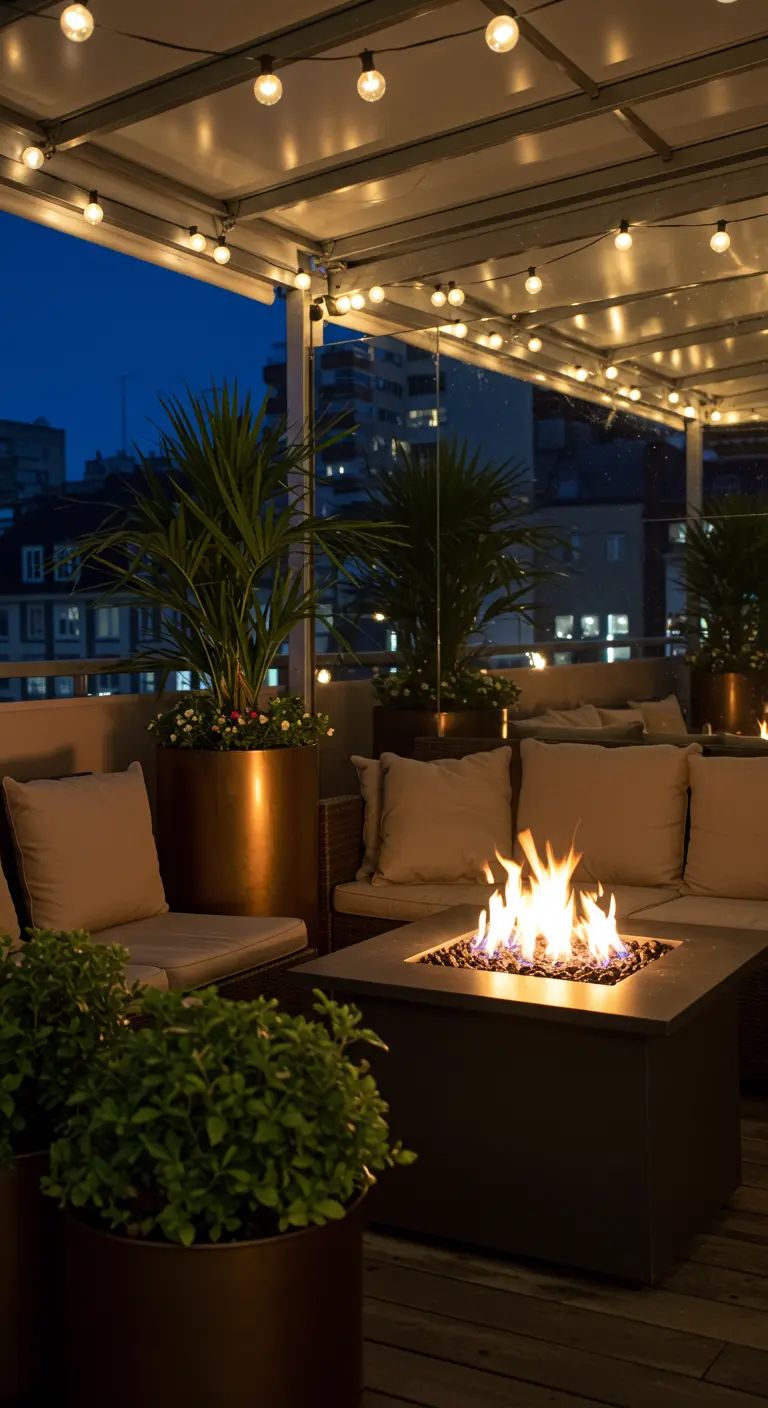 A covered rooftop lounge with a fire pit, where string lights are reflected in a mirrored ceiling.