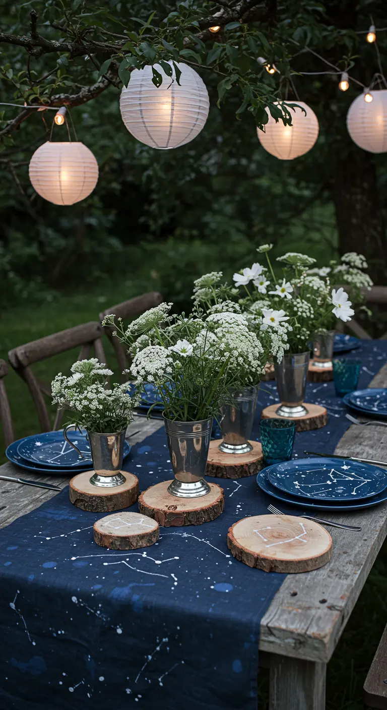 A nighttime table with a constellation-print runner, white flowers, and paper lanterns.