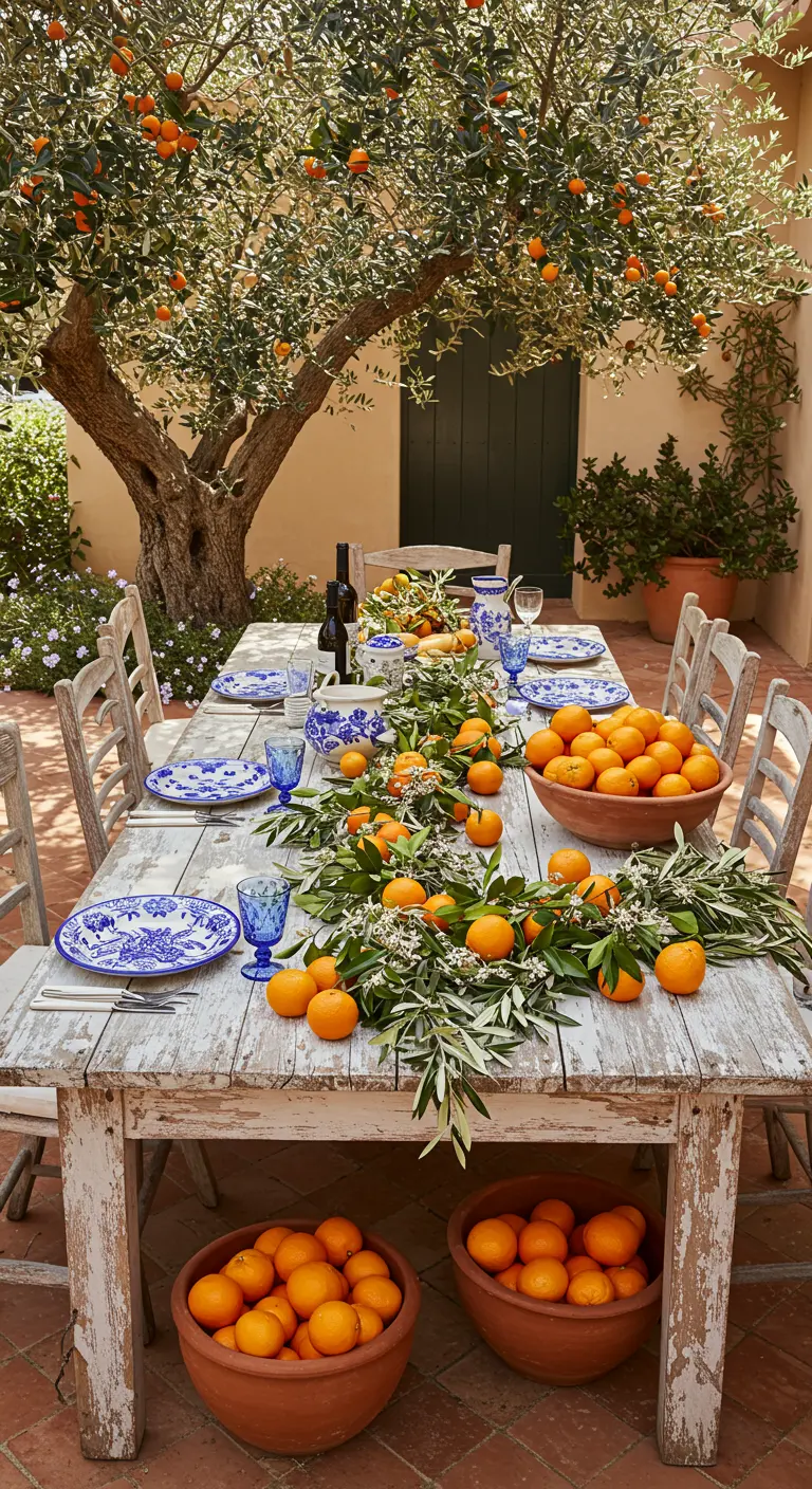 A rustic white table under an orange tree, decorated with an olive and orange garland.