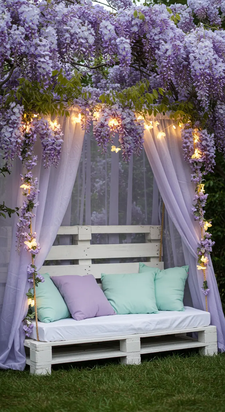 White pallet swing bed draped in lavender curtains under a cascade of wisteria flowers.
