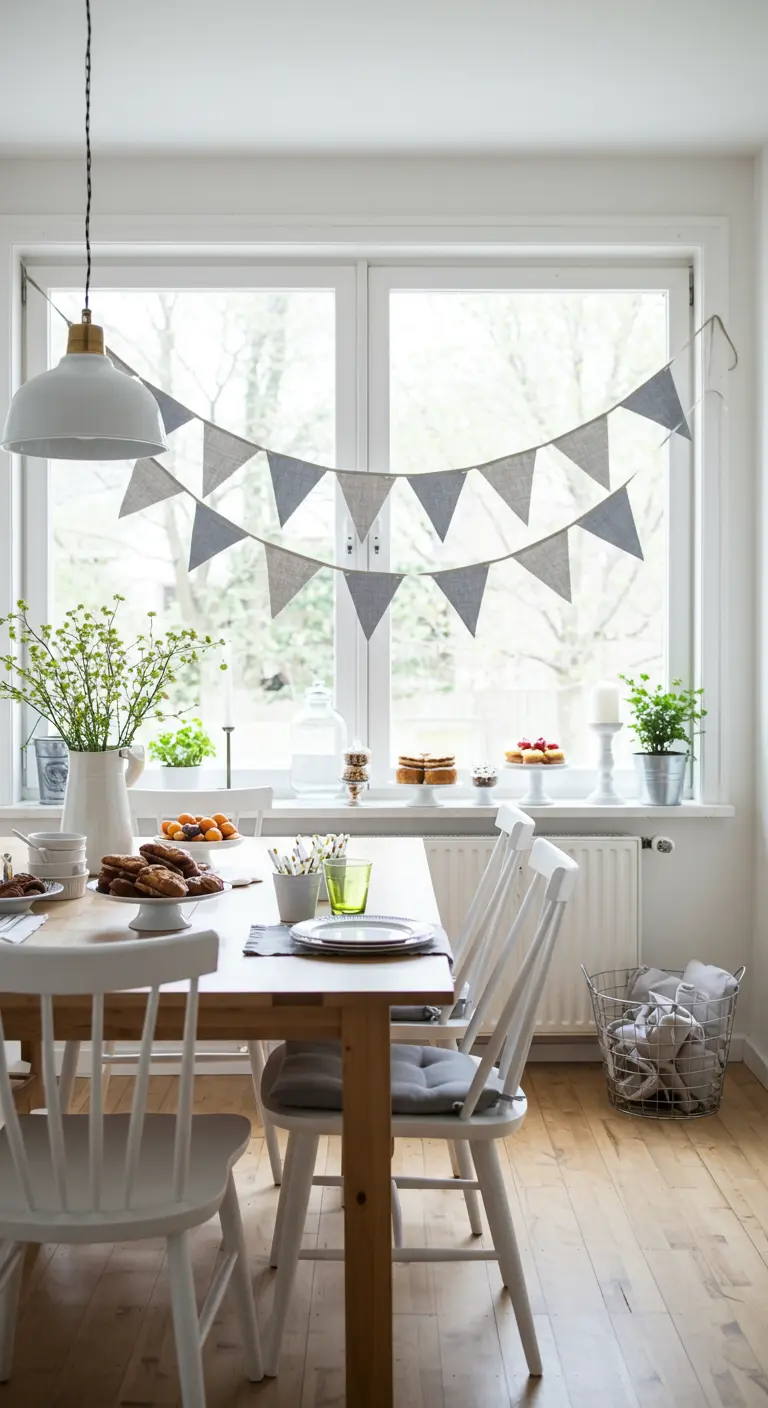 Gray and light gray linen bunting hanging in a bright window