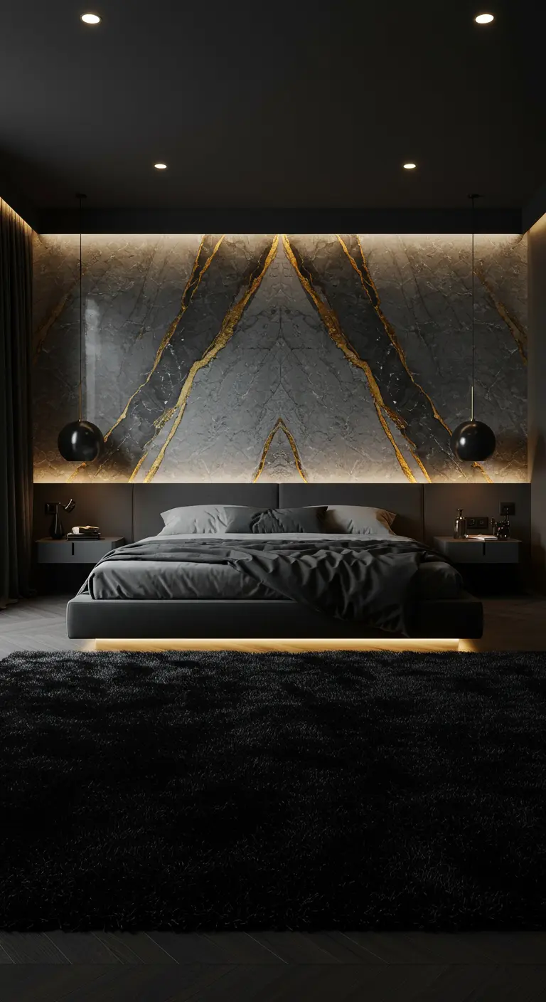 A moody bedroom with a grey and gold book-matched marble wall and a floating bed with under-lighting.
