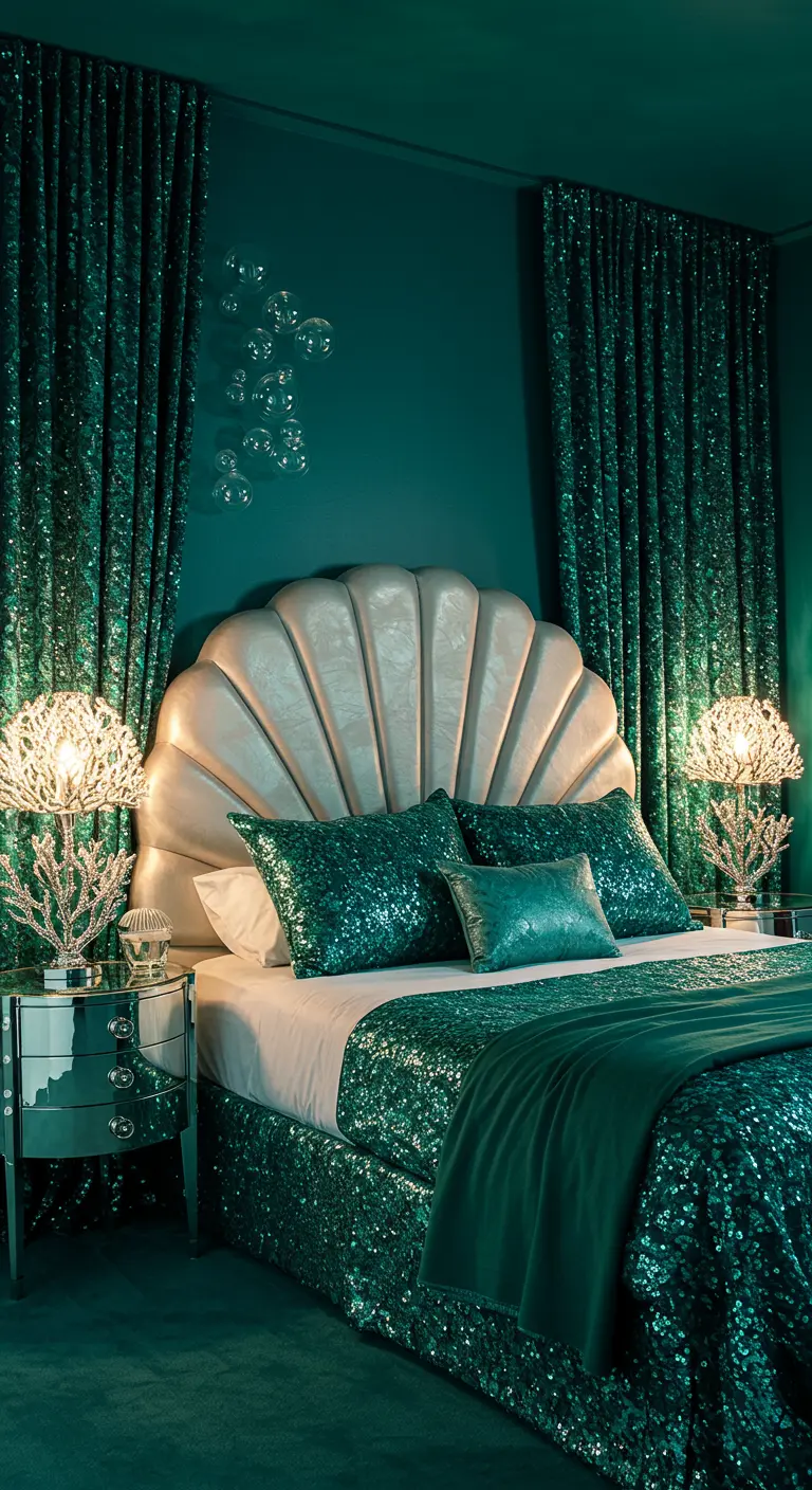 Teal bedroom with a large, shell-shaped headboard and sequin bedding.