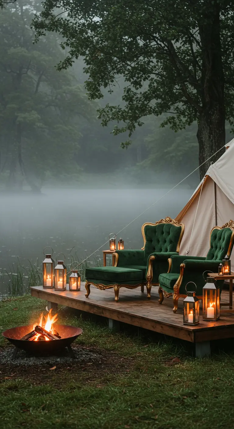 Ornate green velvet chairs on a wooden deck next to a tent and a fire pit by a misty lake.