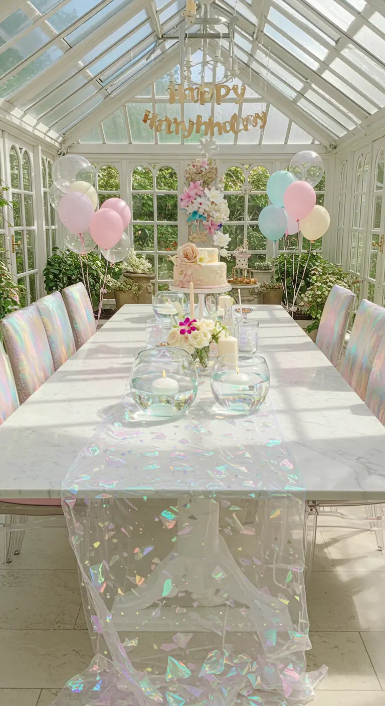 Birthday table in a greenhouse with an iridescent runner, pastel balloons, and floating candles.