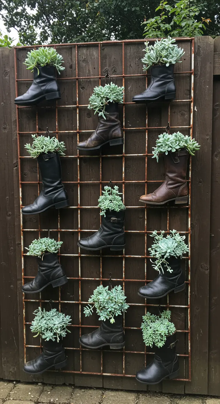 Dark boots with silvery-green Echeveria succulents on a trellis against a dark fence.