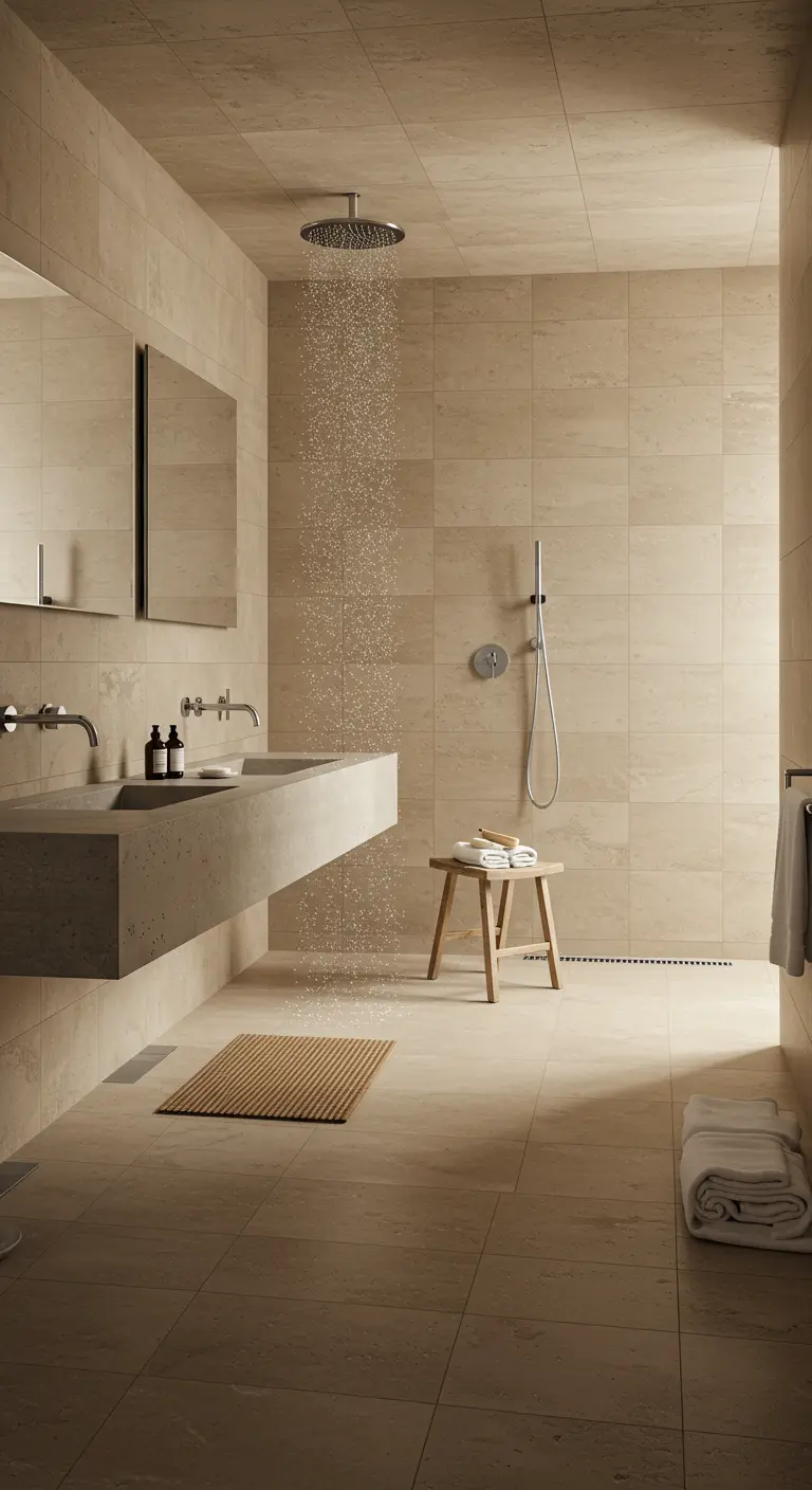 A serene bathroom with floor-to-ceiling beige tiles and a long, floating concrete sink.