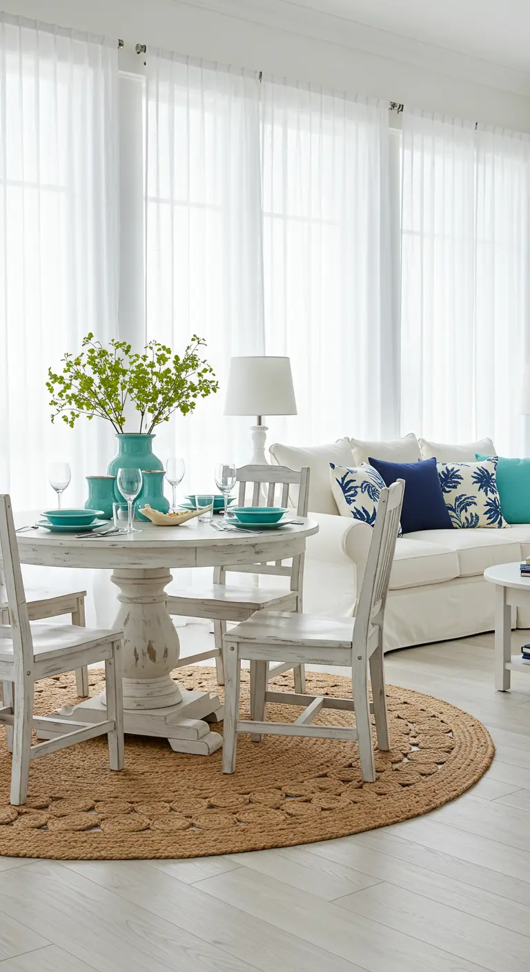 Open-plan dining and living area with white furniture, a jute rug, and blue accents.