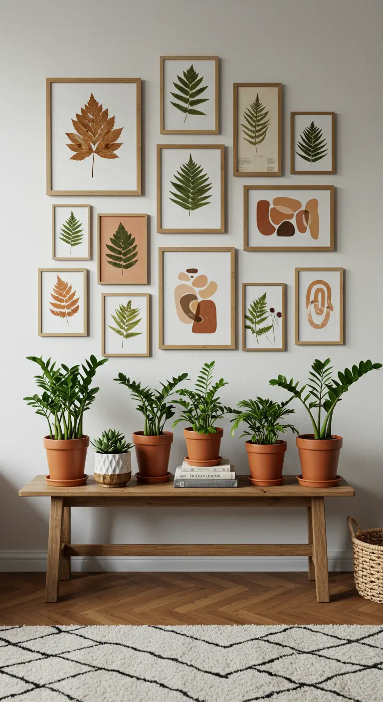A gallery wall of framed botanical prints above a wooden bench with several potted plants.