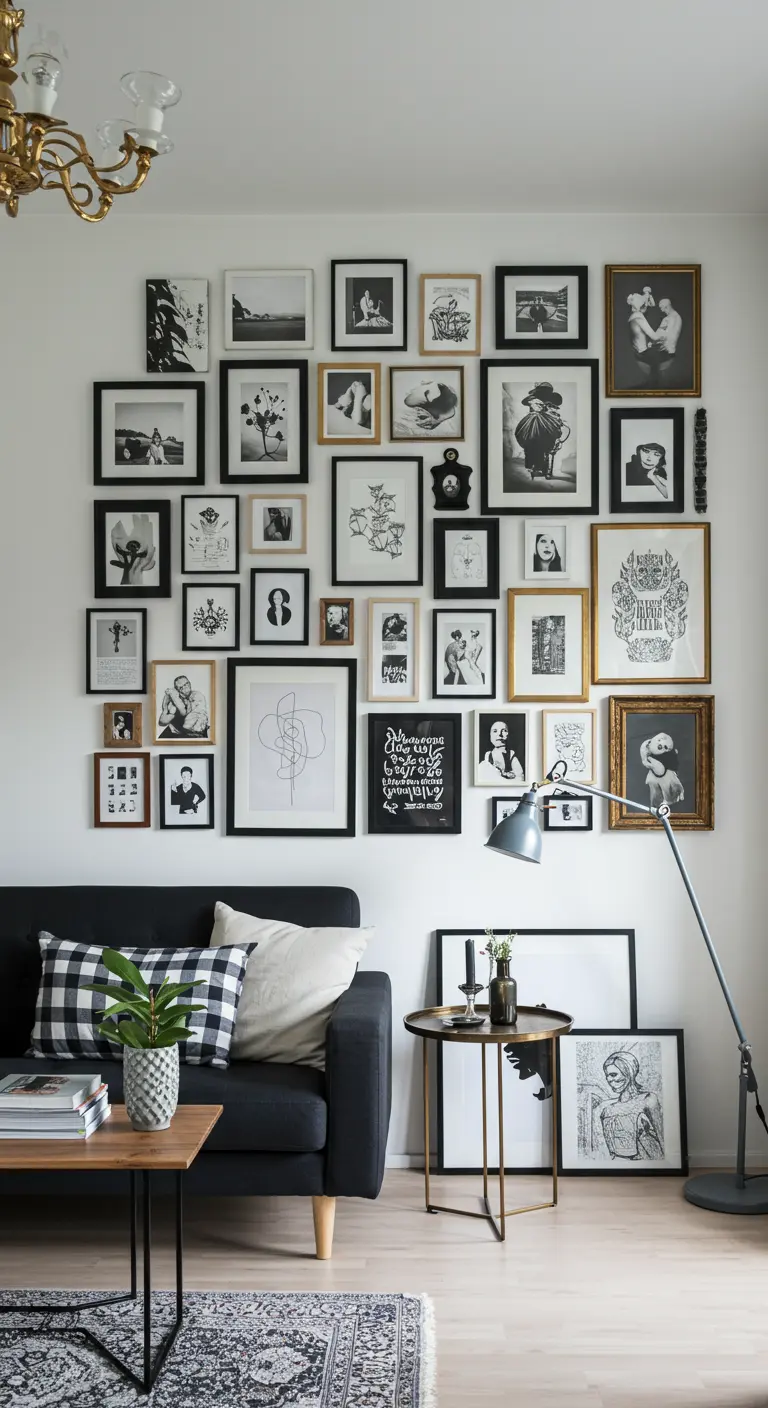 A large gallery wall featuring a mix of art in black and gold frames above a dark sofa.