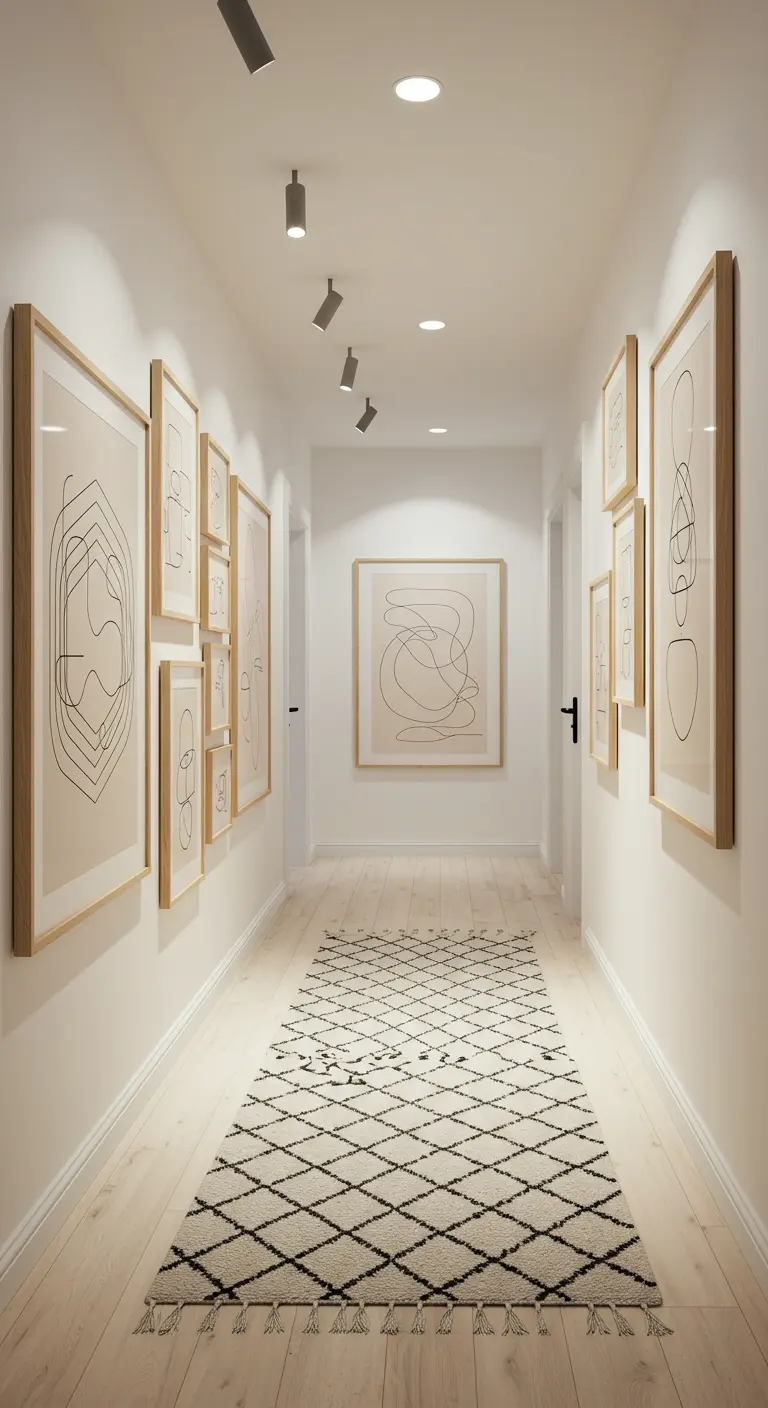 Long hallway with a gallery wall of line art in matching light wood frames and a diamond-patterned rug.