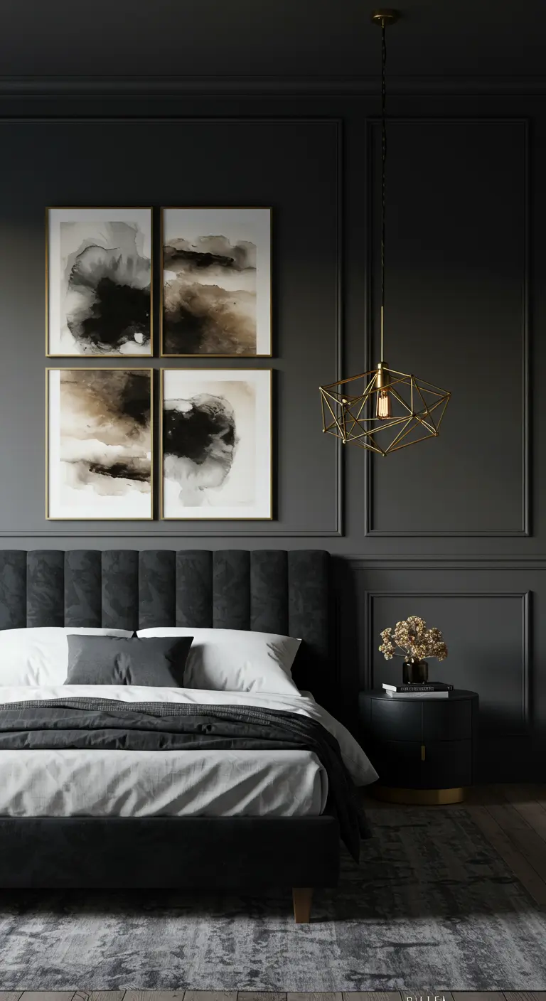 Dark gray bedroom with a grid of four abstract paintings and a geometric brass light.