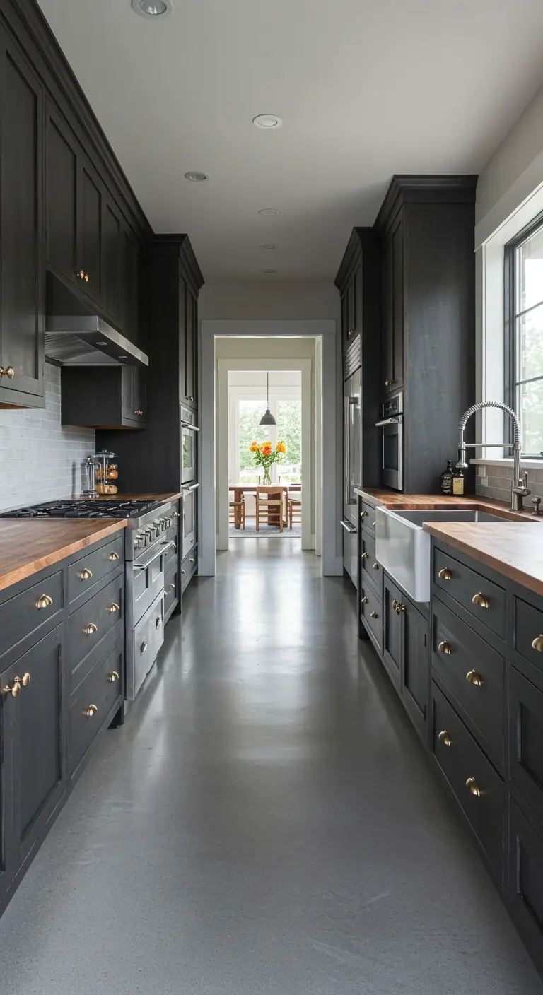 Long galley kitchen with dark gray cabinets, wood counters, and a concrete floor.